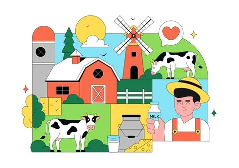 Daily Farm Vector Illustration Featuring Dairy Cattle, Fresh Milk Productio.. Stock Illustration
