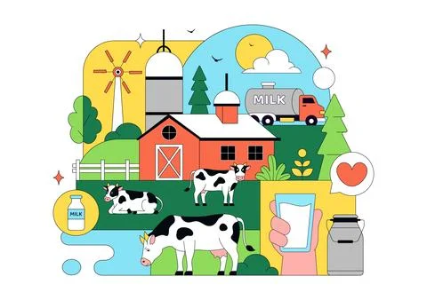 Daily Farm Vector Illustration Featuring Dairy Cattle, Fresh Milk Productio.. Stock Illustration