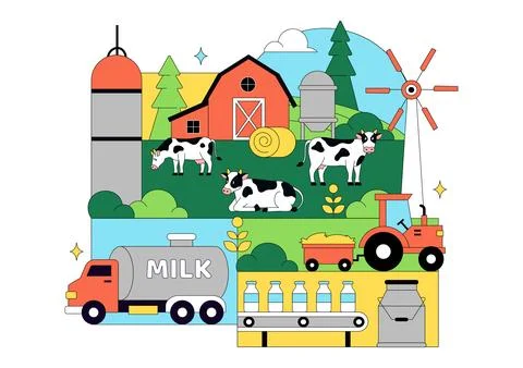 Daily Farm Vector Illustration Featuring Dairy Cattle, Fresh Milk Productio.. Stock Illustration