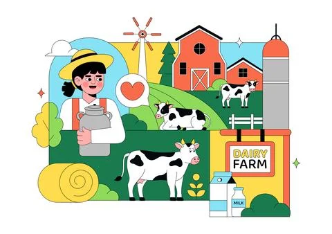 Daily Farm Vector Illustration Featuring Dairy Cattle, Fresh Milk Productio.. Stock Illustration