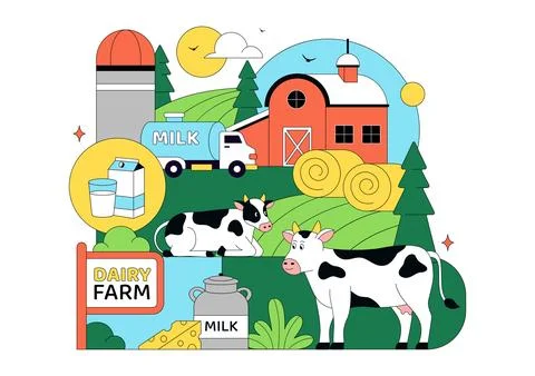 Daily Farm Vector Illustration Featuring Dairy Cattle, Fresh Milk Productio.. Stock Illustration
