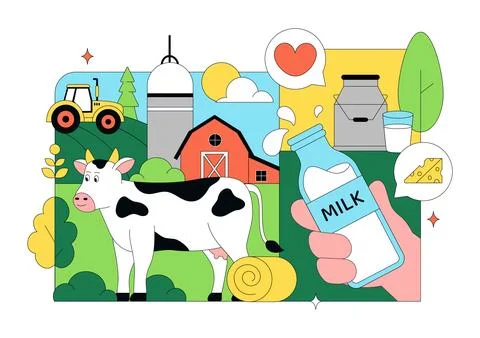 Daily Farm Vector Illustration Featuring Dairy Cattle, Fresh Milk Productio.. Stock Illustration