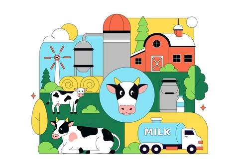 Daily Farm Vector Illustration Featuring Dairy Cattle, Fresh Milk Productio.. Stock Illustration