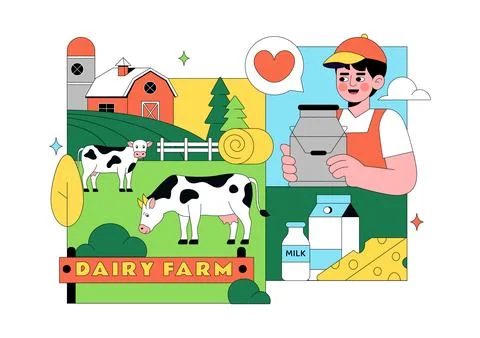 Daily Farm Vector Illustration Featuring Dairy Cattle, Fresh Milk Productio.. Stock Illustration