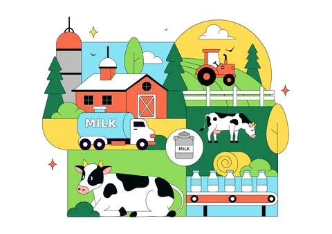 Daily Farm Vector Illustration Featuring Dairy Cattle, Fresh Milk Productio.. Stock Illustration