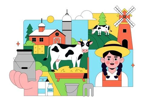 Daily Farm Vector Illustration Featuring Dairy Cattle, Fresh Milk Productio.. Stock Illustration