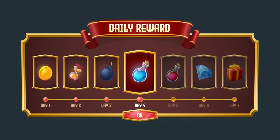 Daily game reward graphic interface, menu panel Stock Illustration