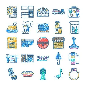 Daily life objects doodle drawing seamless pattern Stock Illustration