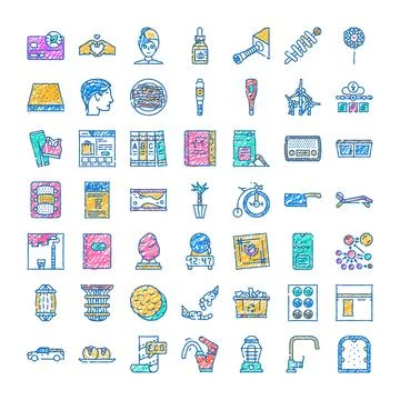 Daily life objects doodle icons set collection Stock Illustration