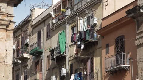 Daily Life in Palermo - Laundry Drying on Balconies. Stock Footage 328478689