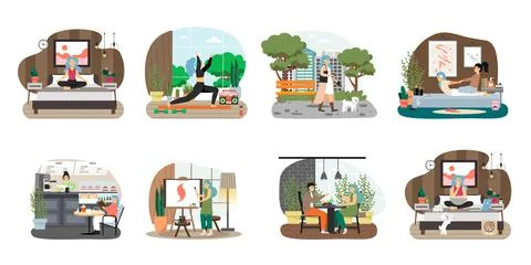 Daily life routine vector scene isolated set 库存插图