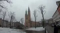 Daily life scene church and central place with fall of snow in Braunschweig city 4k or 4k+ Resolution