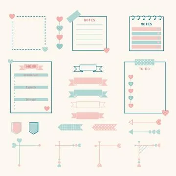 Daily Planner and Sticky Notes Set. Pastel color planner theme with hearts. Illustrazione stock