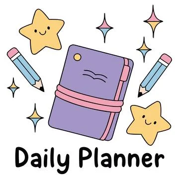 Daily planner notebook with cute smiling stars and pencils in kawaii style .. Stock Illustration