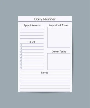 Daily planner printable template Vector. Blank white notebook page Letter siz Stock Illustration