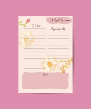 Daily planner template.Blank printable vertical notebook page with space for  Stock Illustration