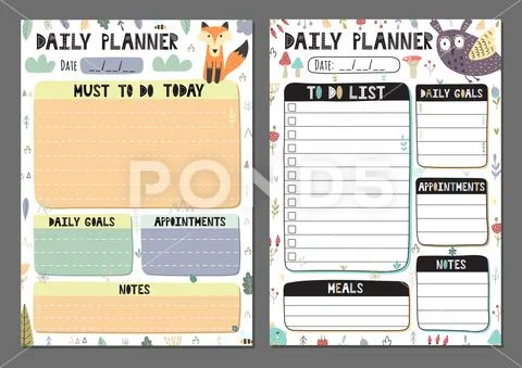 Daily planners collection. To do list set with a cute owl and fox Stock Illustration