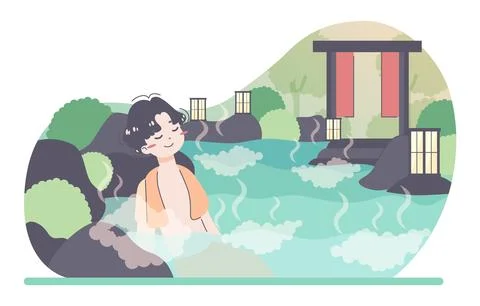 Daily routine of an asian man. Character relaxing in traditional hot Stock Illustration