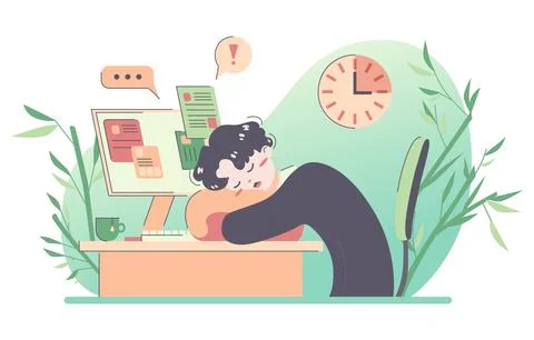 Daily routine of an asian man. Overworked and tired businessman Stock-Illustration
