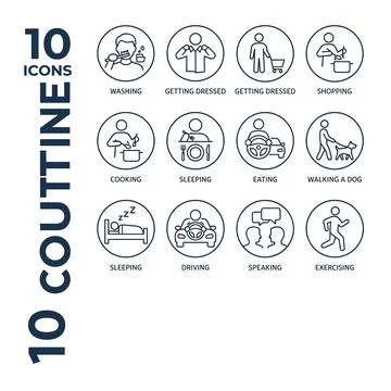 Daily routine icons set: washing, getting dressed, shopping, cooking, sleep.. Stock Illustration