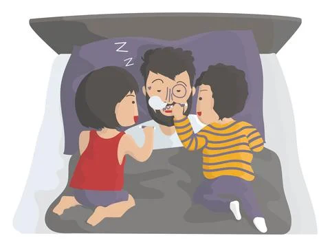 Daily routine with kids, two kids drawing on their father's face while he is in Stock Illustration