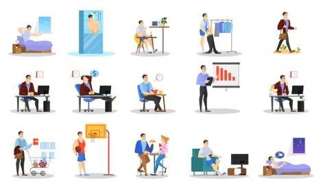 Daily routine of a man set. Guy having breakfast Illustrazione stock