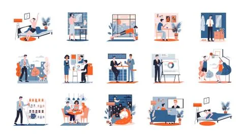 Daily routine of a man set. Guy having breakfast Stockillustratie