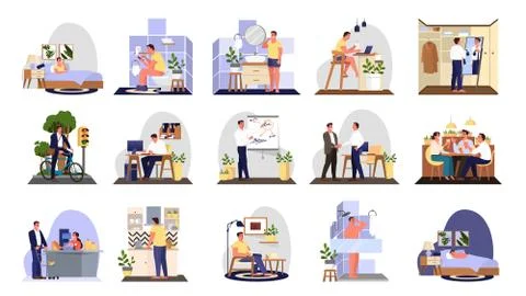 Daily routine of a man set. Guy having breakfast イラスト素材
