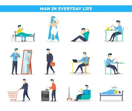 Daily routine of a man set. Having breakfast in the morning Illustrazione stock