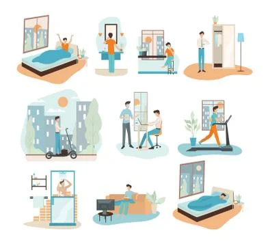 Daily routine of a man set. Isolated vector illustration in cartoon style Illustrazione stock