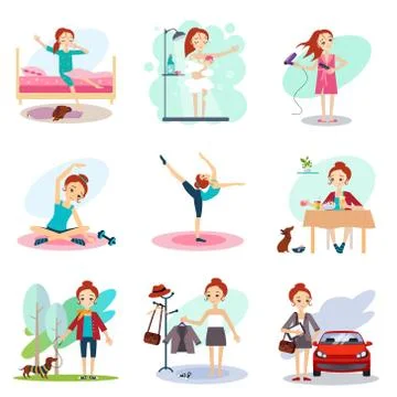 Daily Routine Vector set with cute girl Stock Illustration