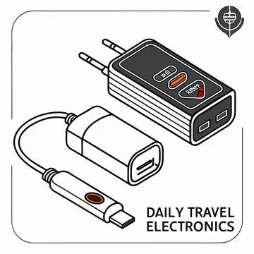 Daily travel electronics: GPS tracker, charger, modern gadget set. Stock Illustration