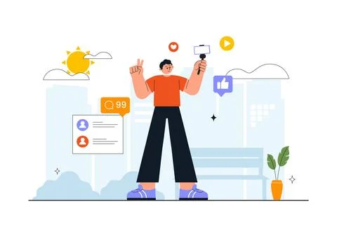 Daily Vlog Vector Illustration of Content Creator Recording Video for Socia.. Stock Illustration