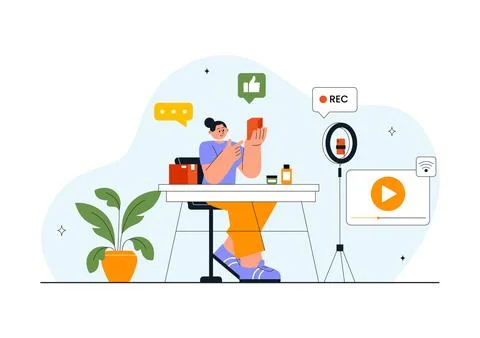 Daily Vlog Vector Illustration of Content Creator Recording Video for Socia.. Stock Illustration