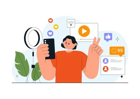 Daily Vlog Vector Illustration of Content Creator Recording Video for Socia.. Stock Illustration