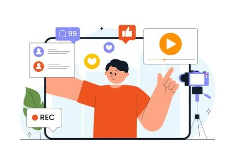 Daily Vlog Vector Illustration of Content Creator Recording Video for Socia.. Stock Illustration