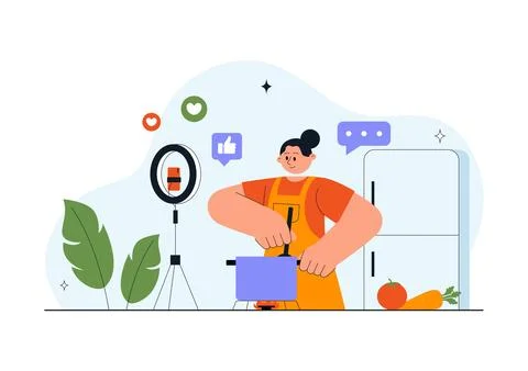 Daily Vlog Vector Illustration of Content Creator Recording Video for Socia.. Stock Illustration