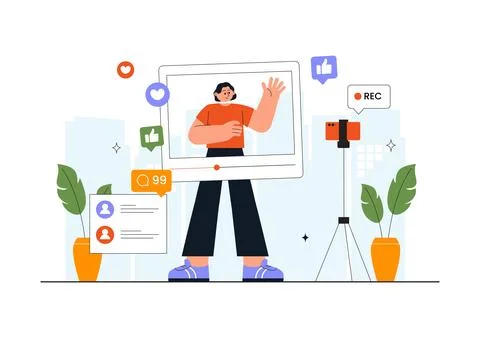 Daily Vlog Vector Illustration of Content Creator Recording Video for Socia.. Stock Illustration
