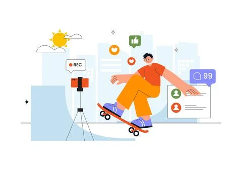 Daily Vlog Vector Illustration of Content Creator Recording Video for Socia.. Stock Illustration
