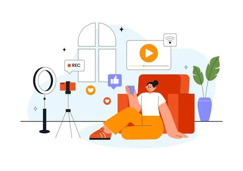 Daily Vlog Vector Illustration of Content Creator Recording Video for Socia.. Stock Illustration