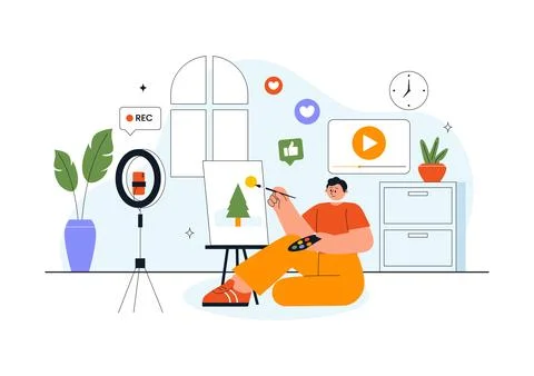 Daily Vlog Vector Illustration of Content Creator Recording Video for Socia.. Stock Illustration