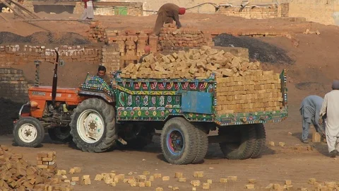 Daily wages laborers loading tractor trolley with recently prepared bricks Stock Footage 86658075