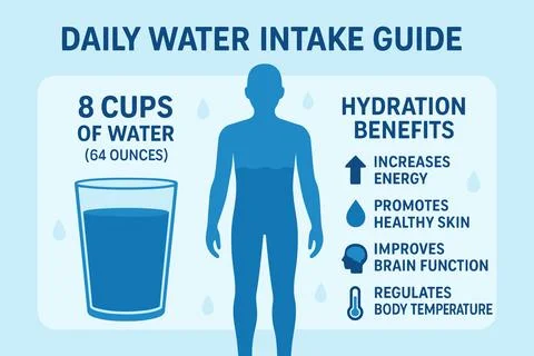 Daily water intake guide for optimal health and hydration benefits Ilustração Stock