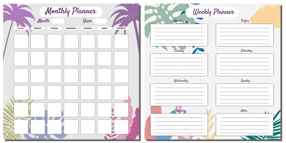 Daily, Weekly, Planner Set template vector. Palms floral decoration background Illustrazione stock