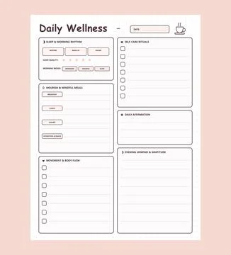 Daily wellness tracker and self care habit planner vector template Stock Illustration