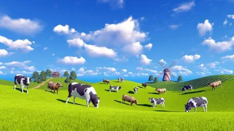 Dairy cows graze on spring pasture Stock Illustration
