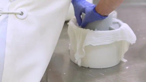 Dairy factory worker, cheese making process, putting cheese curd into plastic Stock Footage 112200194