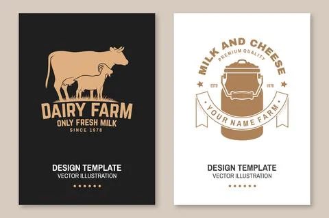 Dairy farm. Only fresh milk badge, logo. Vector Flyer, brochure, banner, poster Stock Illustration
