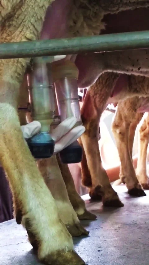 Dairy farmers using teat cup of a milking machine on udder sheeps milk 2 Stock Footage 247201952