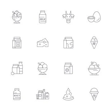 Dairy PIXEL Perfect Vector Set with 16 High Resolution Thin Line Icons Stock Illustration